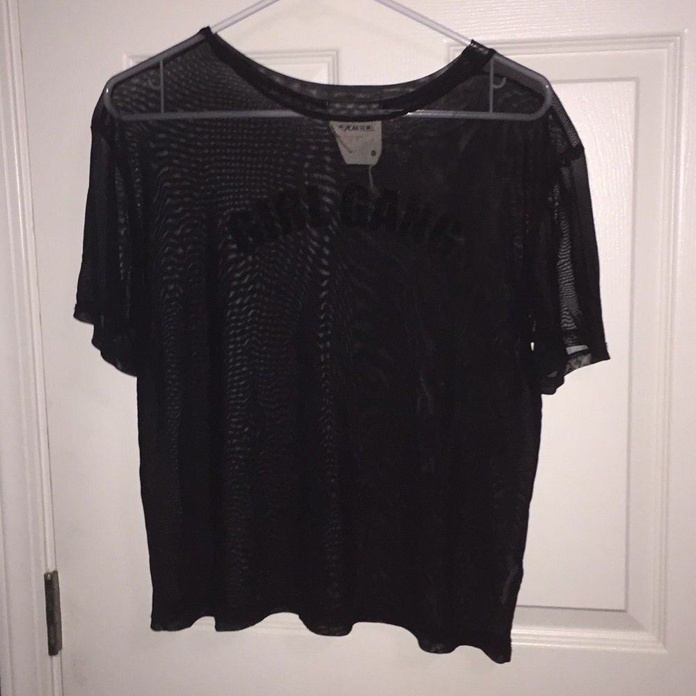 “Girl Gang” black mesh top